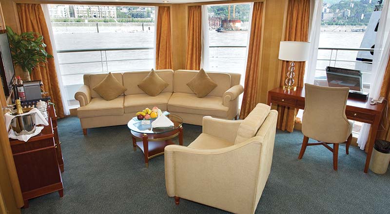Living room of the Explorer Suite stateroom of a Viking river ship