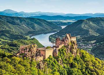 Aerial view of Aggstein Castle on the bank of the Danube in Wachau, Austria.