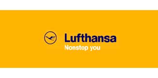 Lufthansa Logo in blue and white on a yellow background.
